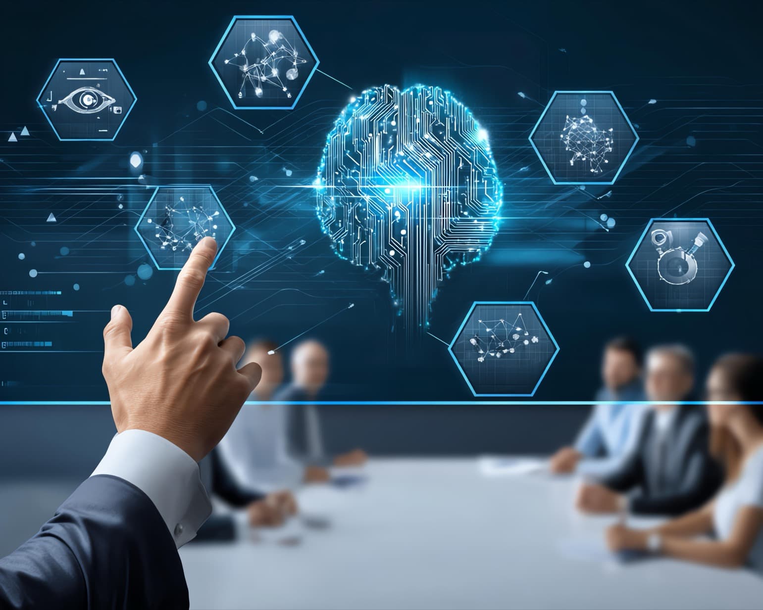 Executive boardroom meeting with technology focus